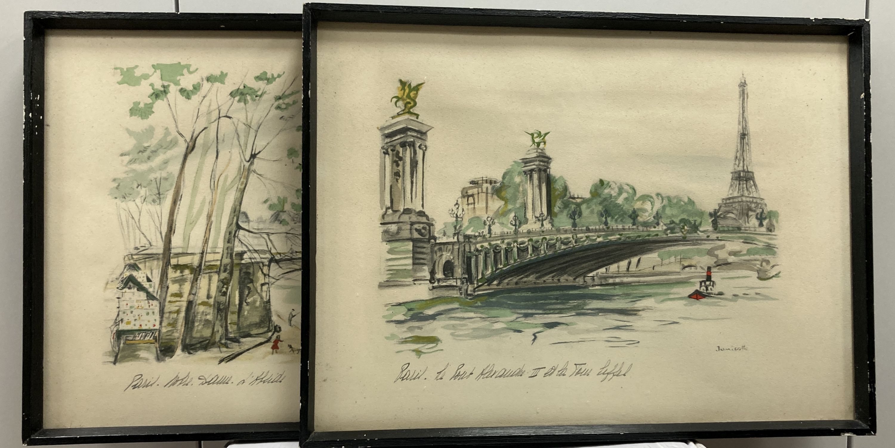 A pair of 1950s French colour lithographs, Views along The Seine, 27 x 37cm